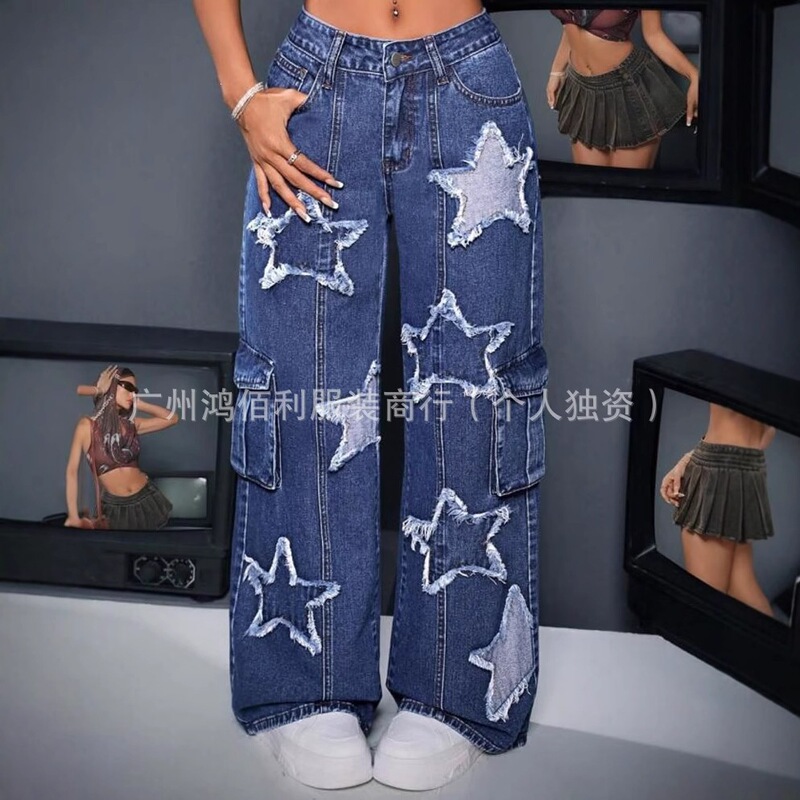 Multi-pocket wide-leg denim cargo pants for women, trendy style, in stock for wholesale Multi-pocket wide-leg denim cargo pants for women, trendy style, in stock for wholesale