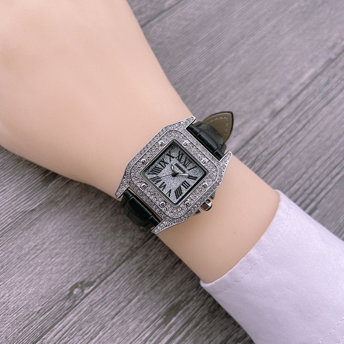 Foreign trade tank watch square dial with rhinestones, women's student retro Roman numeral quartz watch, starry sky women's watch