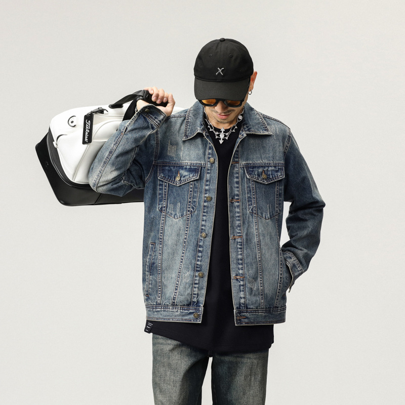 Fengshe ropa de hombre/primavera y otoño nueva chaqueta vaquera atractiva chaqueta vaquera americana High Street guapo Ins para hombre