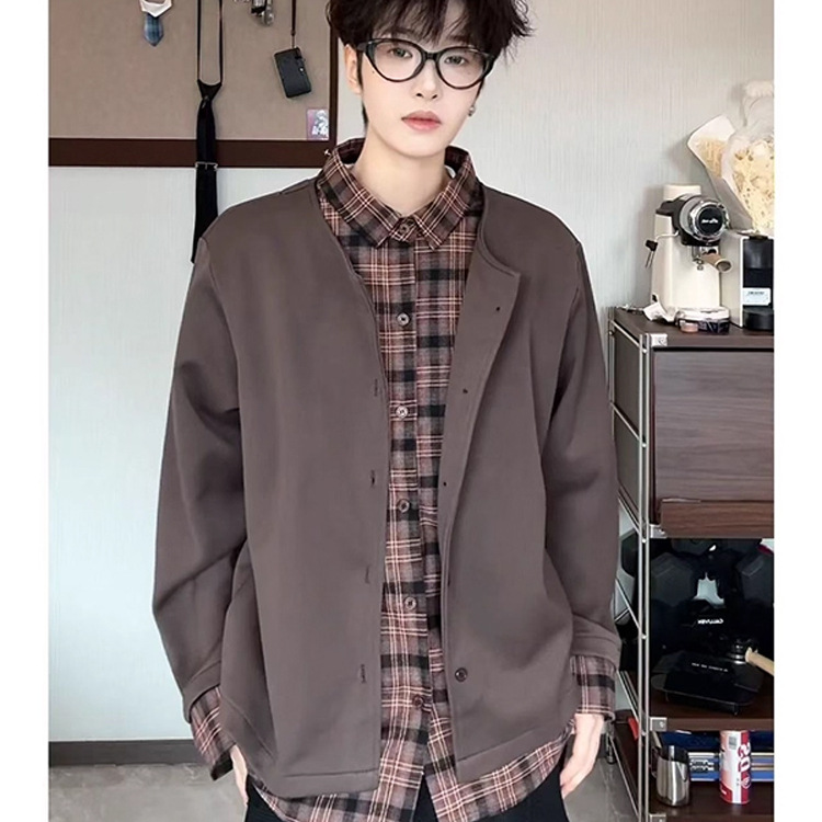 Men's heavyweight brown plaid patchwork cardigan sweatshirt, layered shirt, casual innerwear, base layer.