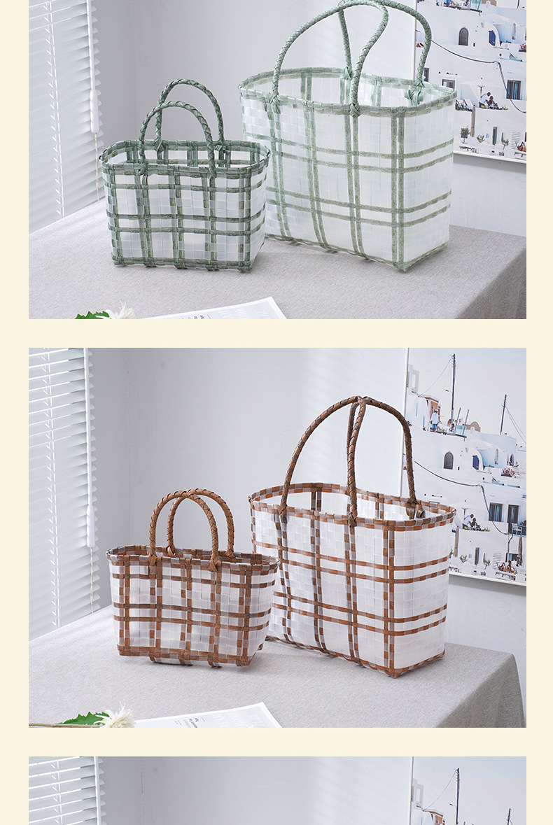 Ins D'été Frais Coloré Transparent Givré Gelée Sac À Main Femmes De Grande Capacité Totes Tissé Légumes Panier display picture 2