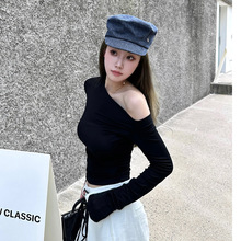 260克人棉云朵感天丝不规则斜肩修身长袖针织衫收腰T恤秋季