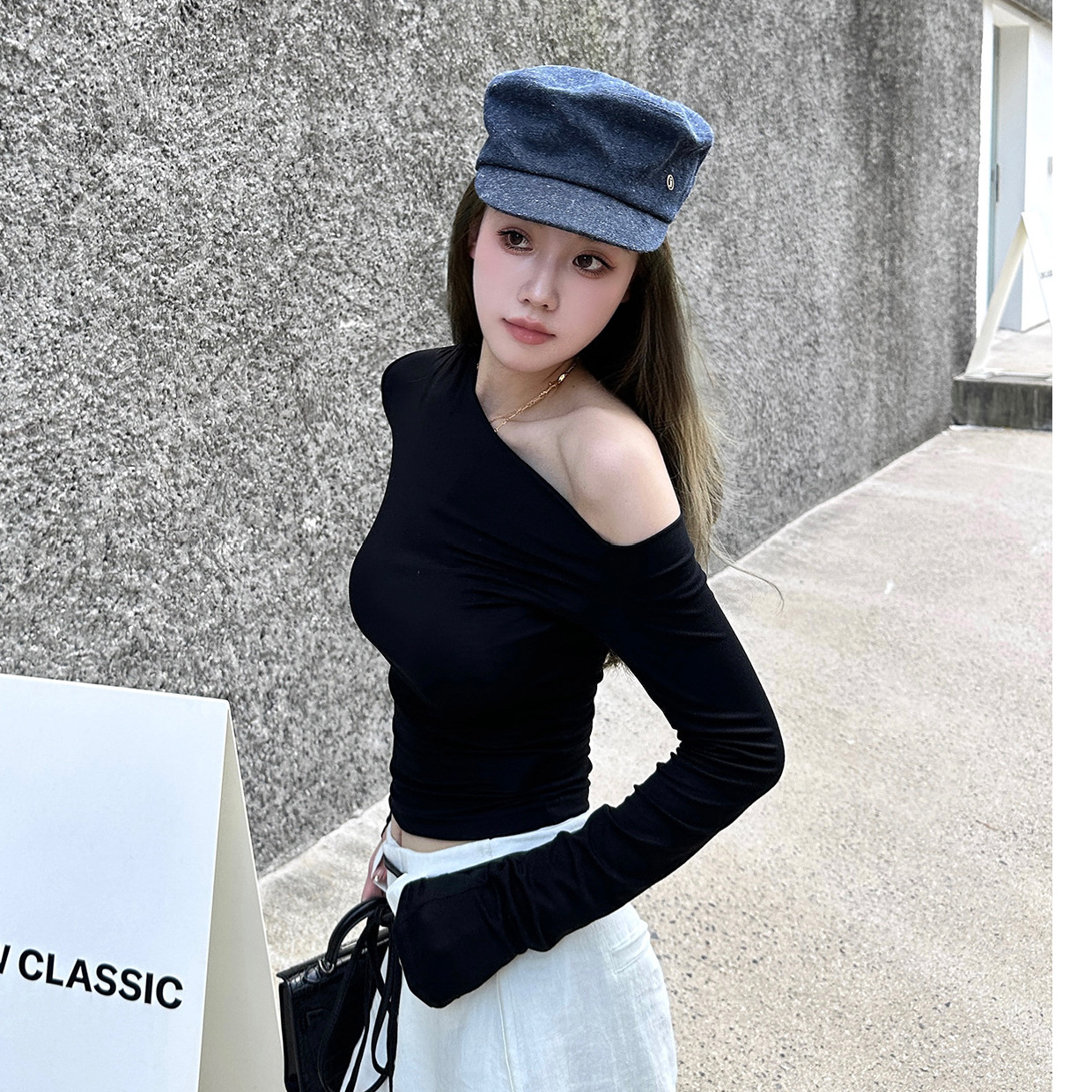 260克人棉云朵感天丝不规则斜肩修身长袖针织衫收腰T恤秋季