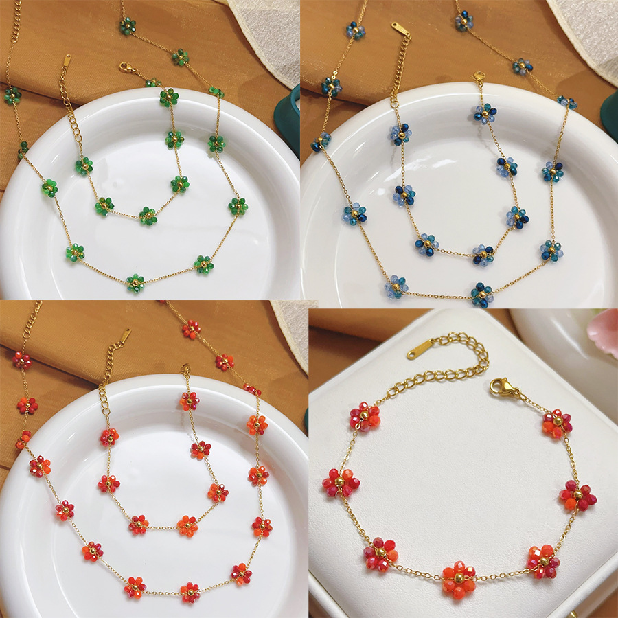 Boemia transfronteriza collar de cuentas pulseras tobillas hechas a mano niña pequeña flor perlas de vidrio titanio conjunto de joyería de acero image 1