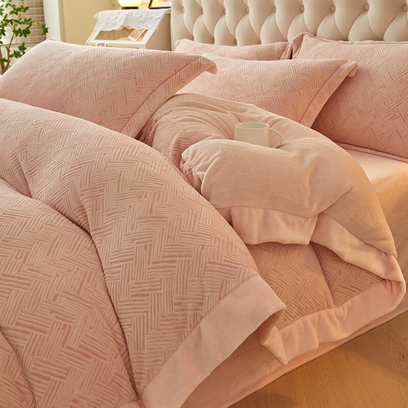 Winter Class A Double-sided Thickened Milk Velvet Four-piece Set High Weight Carved Velvet Warm Bed Sheet Quilt Cover Anti-static