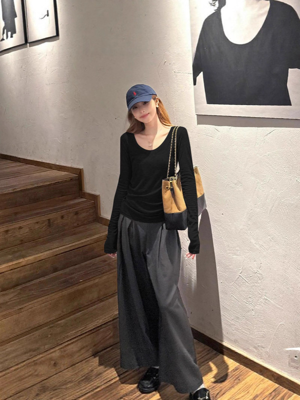 正肩U领薄款微透长袖T恤女春秋内搭短款打底衫辣妹修身显瘦上衣服|undefined