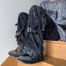 美式vibe拉链绑带牛仔裤男潮牌ins高街痞帅宽松机能风工装阔腿裤