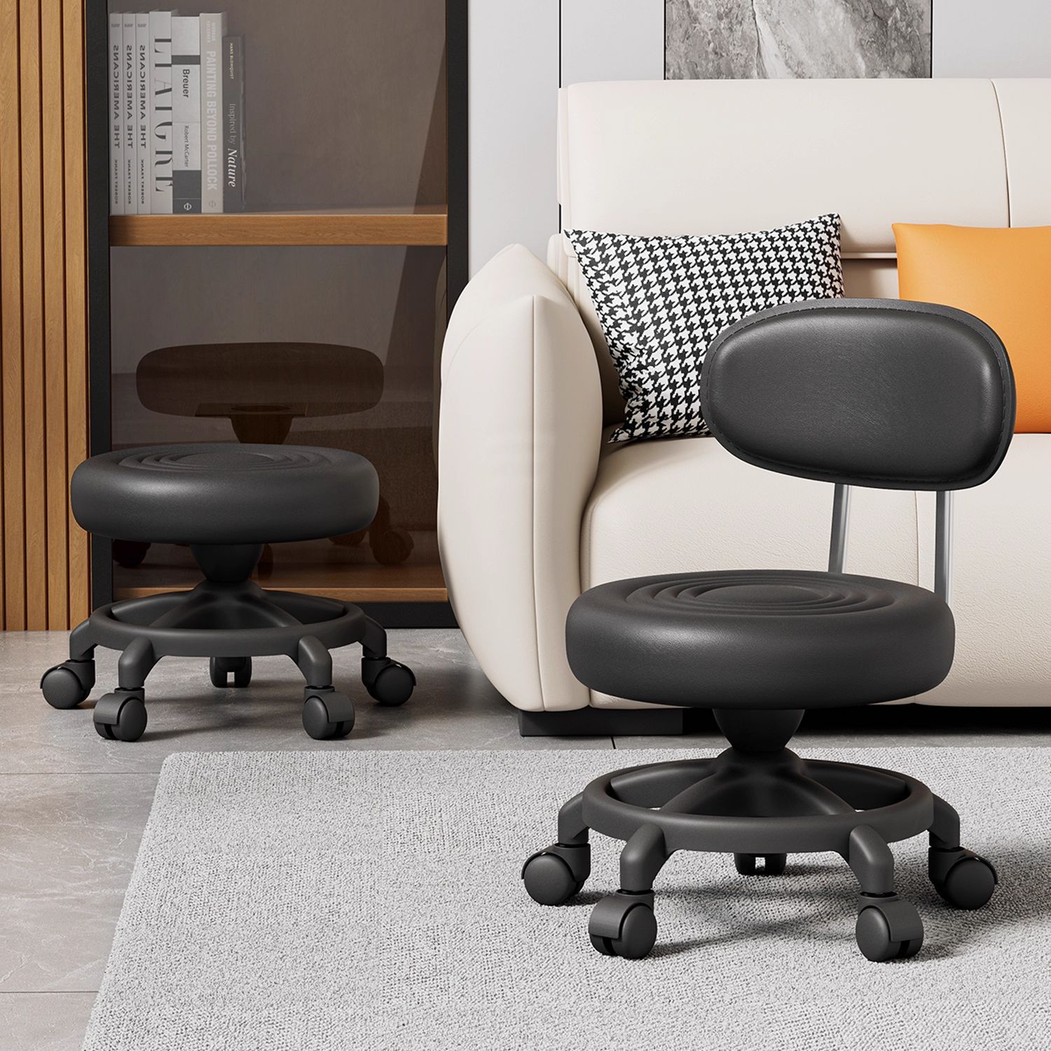 Taburete pequeño, taburete bajo para el hogar, rueda universal silenciosa, elevación y descenso de la silla de respaldo para niños, taburete de cambio de zapatos, taburete redondo pequeño