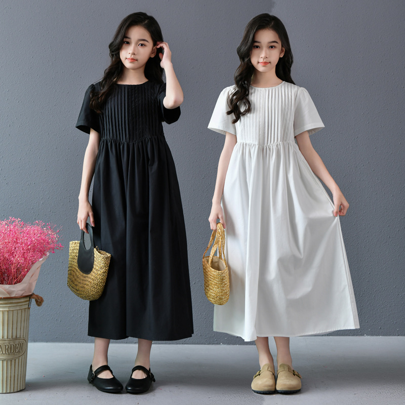 Vestido de niña, vestido de princesa, temperamento, estilo de vacaciones, falda larga, falda por encima de la rodilla de longitud media para mujer, blanco y negro