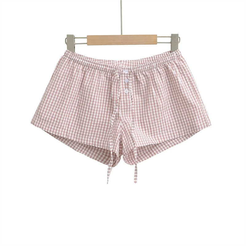 Elastic Drawstring Low-Waist Shorts for Women 25 Summer New European and American Style Fashionable Elegant Button-Decorated Plaid Casual Shorts