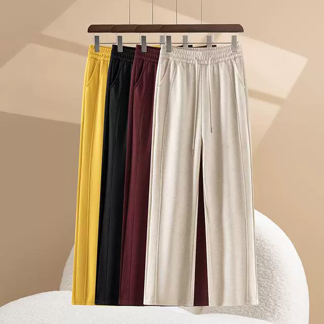 秋冬加绒加厚紫薇裤窄版直筒裤高腰显瘦抽绳松紧腰宽松休闲直筒裤