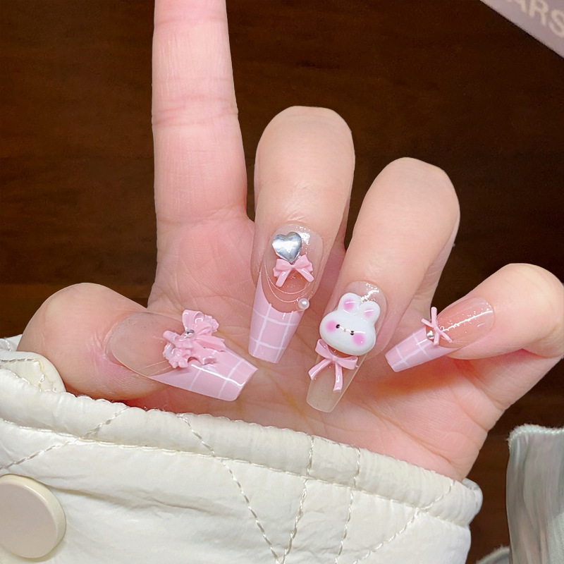 Fm-558 Fake Nail Patches Cute Pink Rabbit Detachable Bow Pearl Stripe Press-On Nails Handmade Top Coat