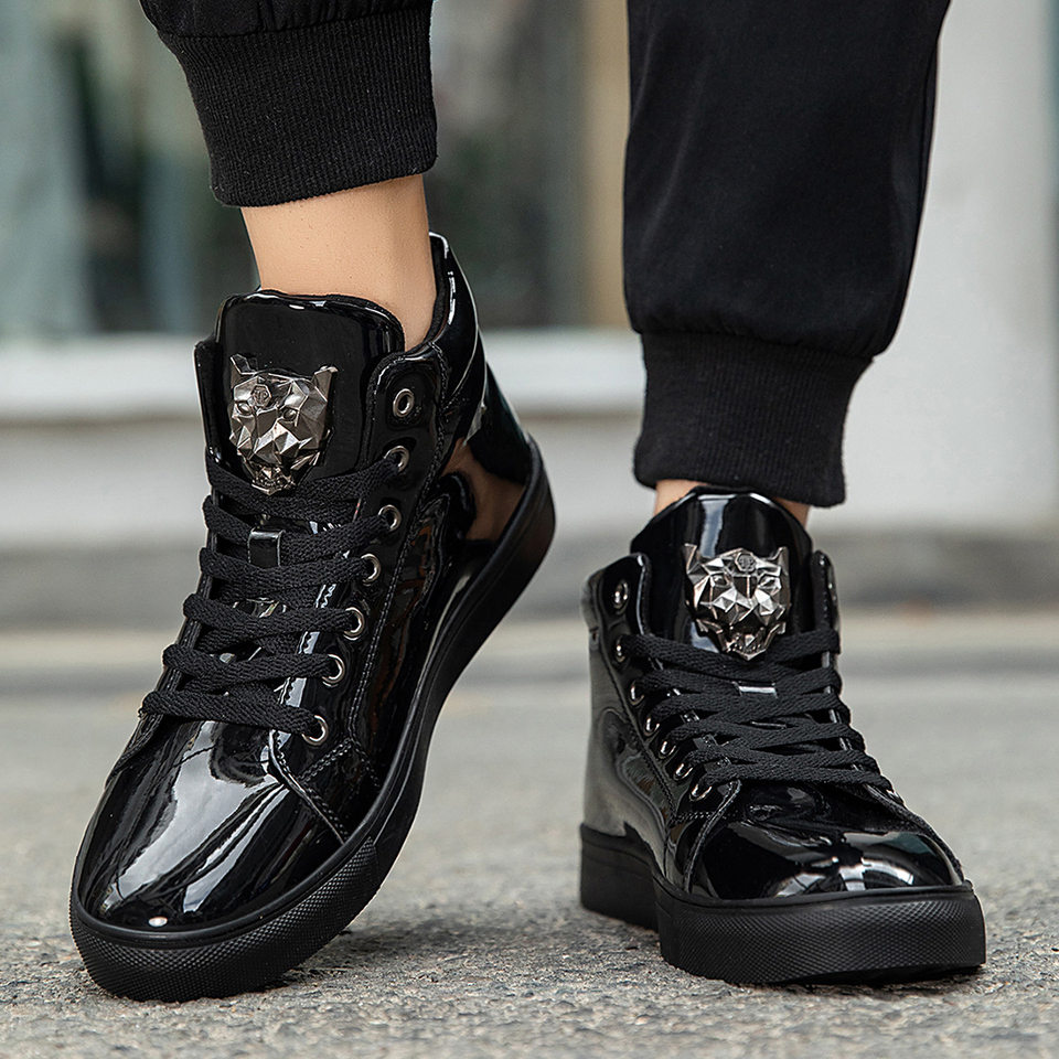 Giày sneaker nam cổ cao da bóng phong cách Hàn Quốc, giày thể thao thời trang cá tính — Bạc, màu xanh, màu đen, màu đỏ chi tiết 10