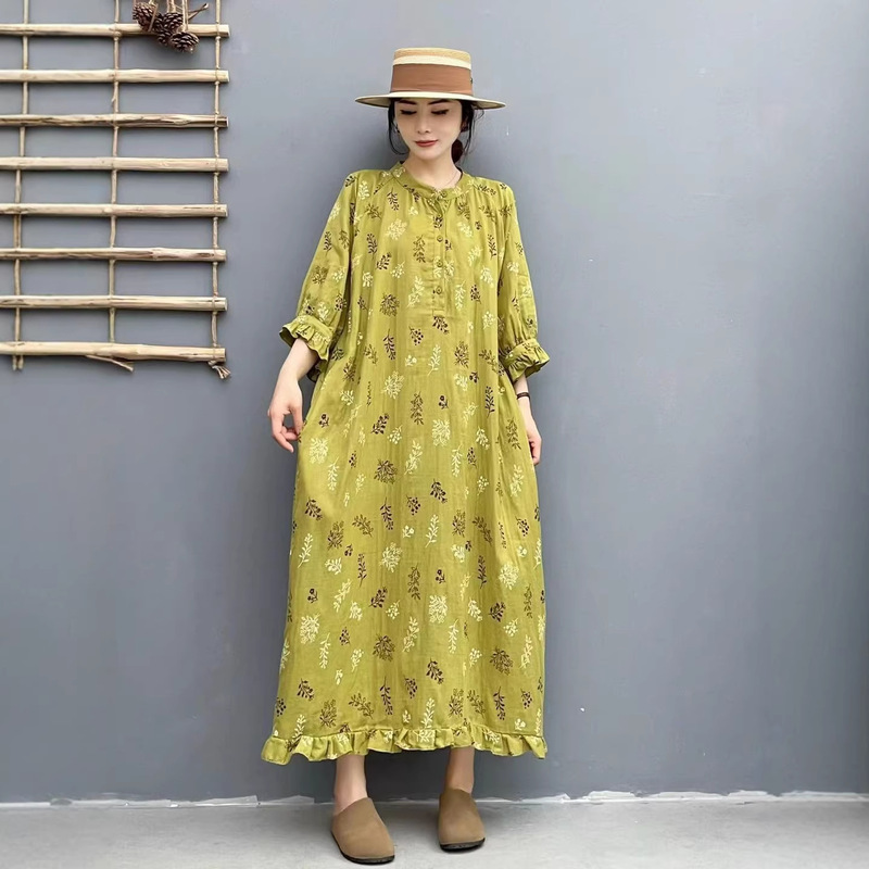 Printed Lace Mid-Sleeve Dress 2026 Artistic Japanese Mori Girl Style Round Neck Loose Straight Long Dress for Women Printed Lace Mid-Sleeve Dress 2026 Artistic Japanese Mori Girl Style Round Neck Loose Straight Long Dress for Women