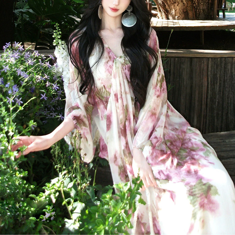 French-Style New Chinese-Style Loose Floral Fairy Dress for Petite Women, Summer National Style Beautiful Long-Sleeve Dress 2026