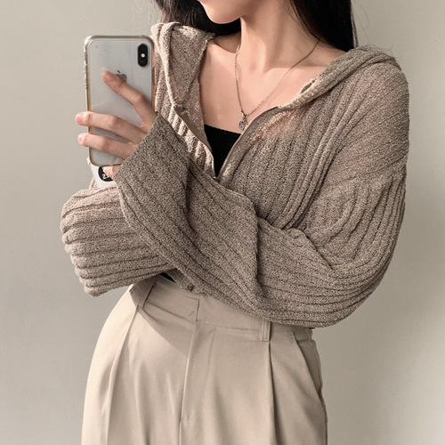 Early Spring 2025 Korea Chic Versatile Hooded Short-Sleeve Long-Sleeve Knit Sweater Thin Jacket Top for Women