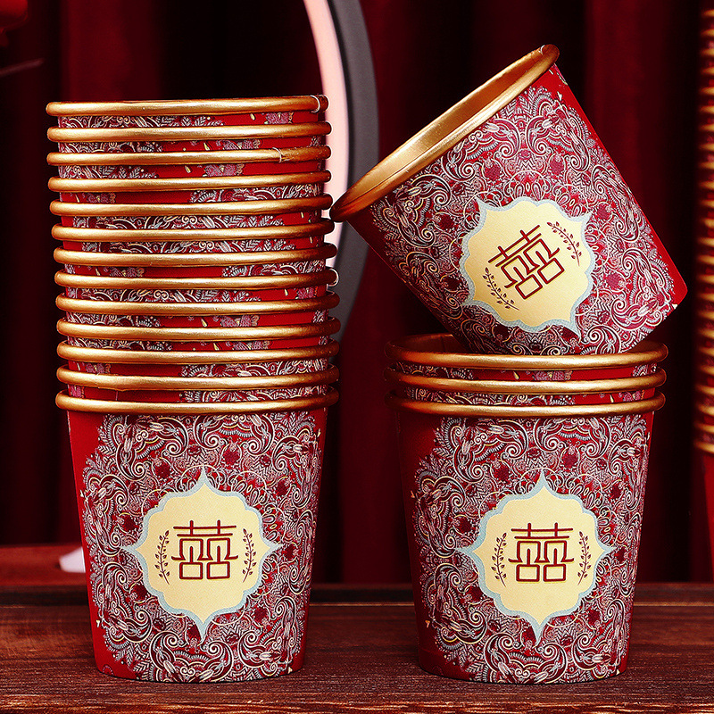 Tazas de papel de boda desechables tazas de boda suministros de boda compromiso de boda gruesa taza de té rojo