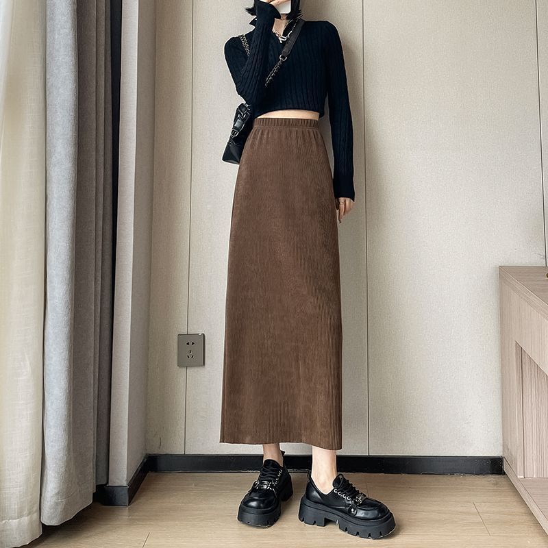 美拉德穿搭棕色半身裙女秋冬高腰直筒中长款灯芯绒a字开叉一步裙|undefined