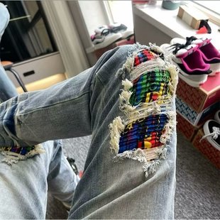 Spring Colorful Patch Jeans for Men Internet Celebrity Trendyy Ripped Fake Two-piece Versatile Light Blue Distressed Long Pants