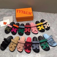跨境大码2025夏季新款外贸拖鞋女厚底一字魔术贴欧美拼色slippers