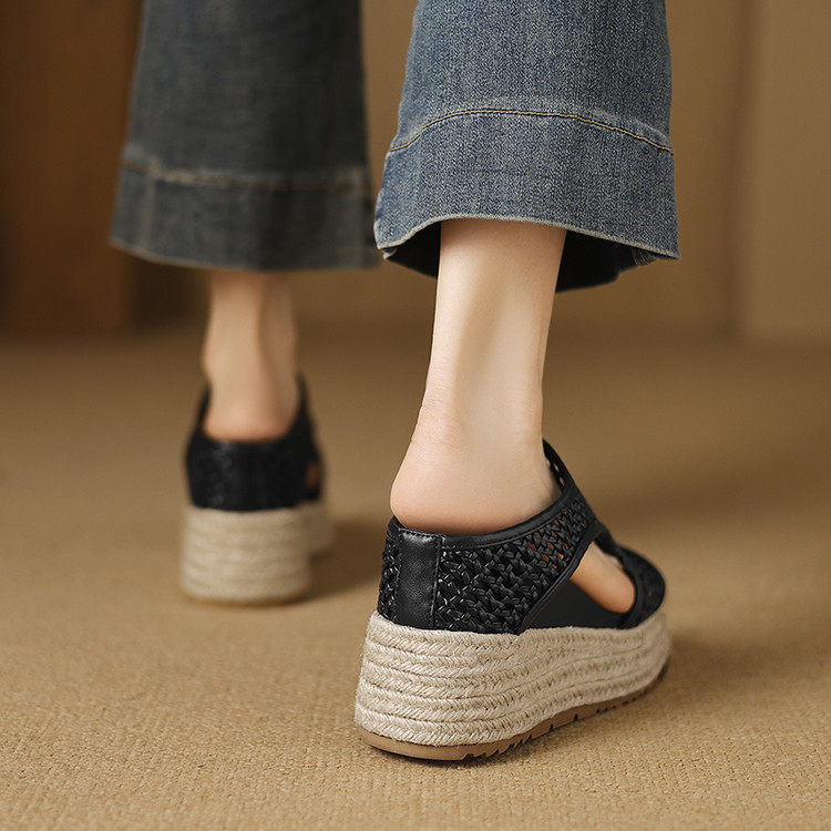 Dép sandal nữ đế dày miệng cá rỗng phong cách mùa hè, đế tăng chiều cao dây gai dầu — đen, trắng chi tiết 15