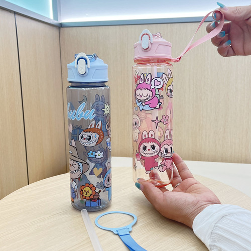 Cartoon Large Capacity Travel Water Bottle, Portable Straw Cord Printed Transparent Plastic Space Water Bottle, On-the-Go Cup