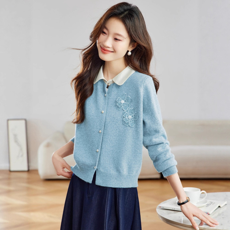 Doll Collar Long-Sleeved Knitted Cardigan for Women Spring & Fall 2025 New Small Age-Reducing Sweater Jacket Thin Collar Top