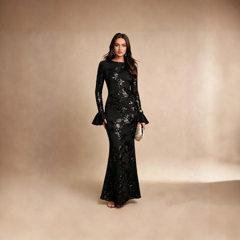 New European and American style mesh, rhinestone-embellished floral, figure-hugging long dress with long sleeves and flared sleeves, suitable for banquets and evening events, style 0912