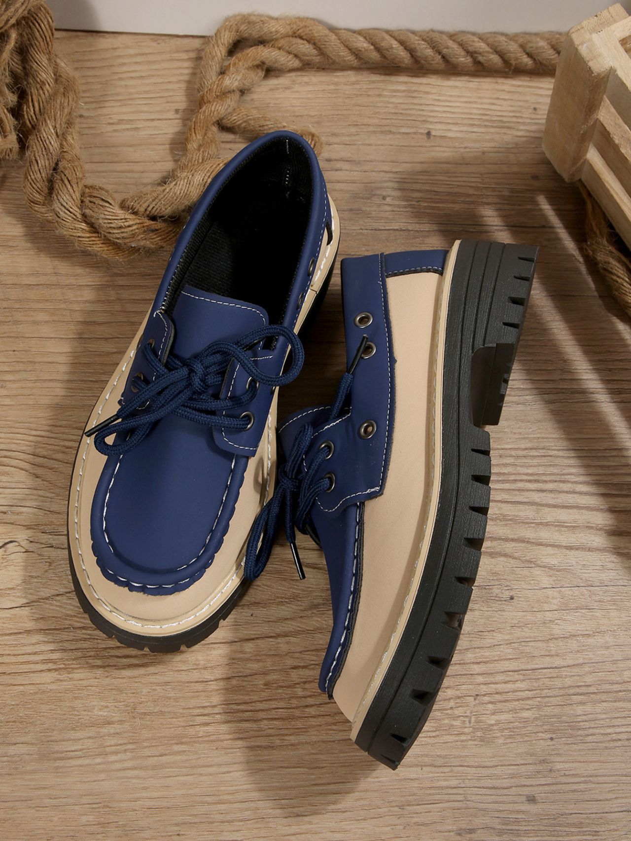 Women's Colour Block Loafers Lace Up Thick Sole Platform Shoes_voghion.com