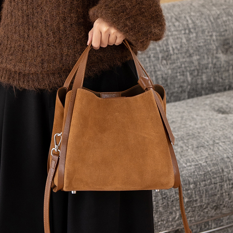 Niche Designer Bucket Bag, Vintage Frosted Leather, Korean Versatile and Practical Bag, Handbag, Crossbody Bag
