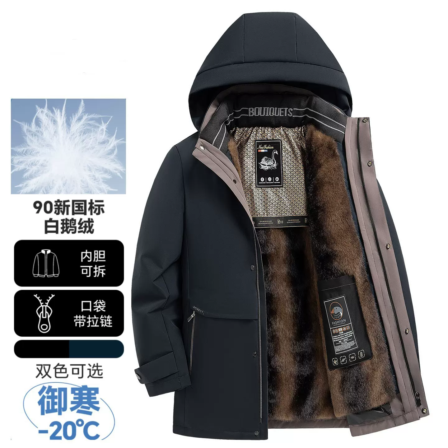 男士鹅绒服5冬季新加厚可拆卸内胆中老年爸爸羽绒服男装保暖外套