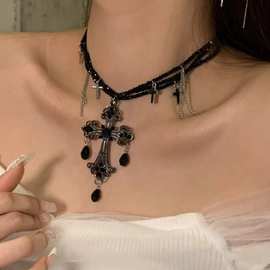 欧美跨境哥特风暗黑十字架项链女 朋克水晶串珠流苏项圈项链颈链
