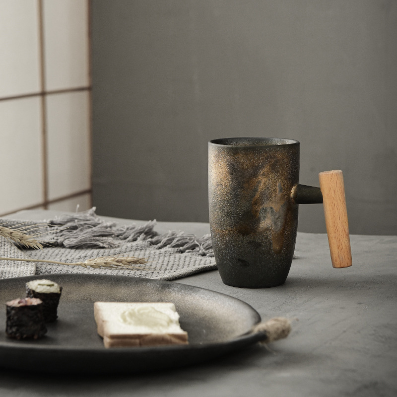 ENCAN oro esmalte gres Japonés taza personalidad simple de cerámica té mango madera creativa café Taza agua