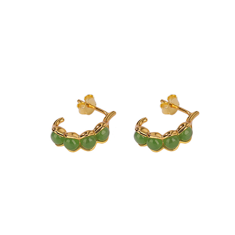 Bông tai nữ bạc S925 mạ vàng đính đá jasper hạt đậu phong cách trẻ trung — Kiểu mạ bạch kim