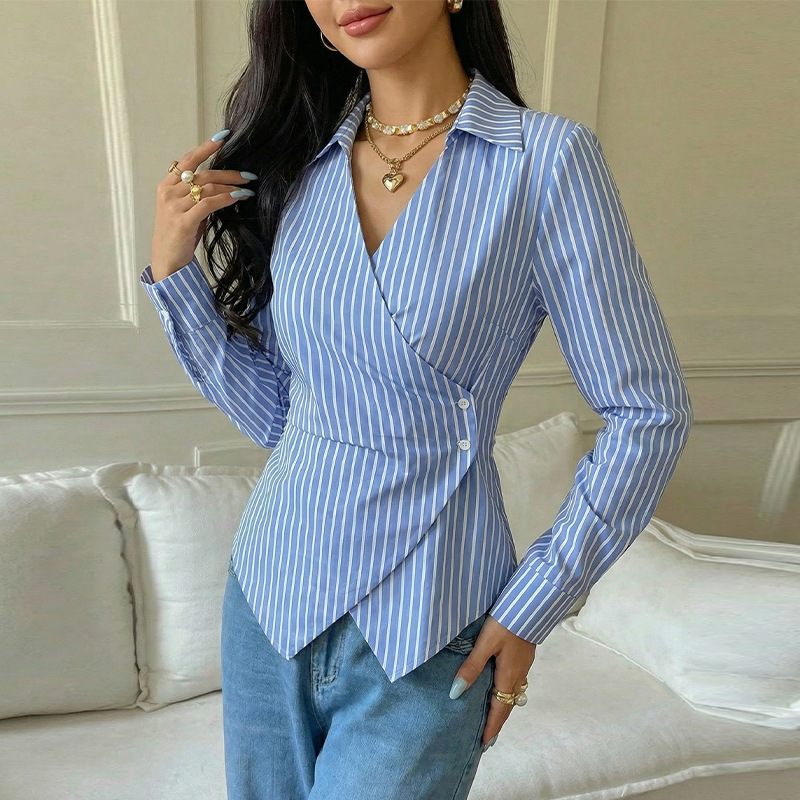 跨境外贸女装气质条纹衬衫2025秋季新款欧美风长袖衬衣开衫不规则