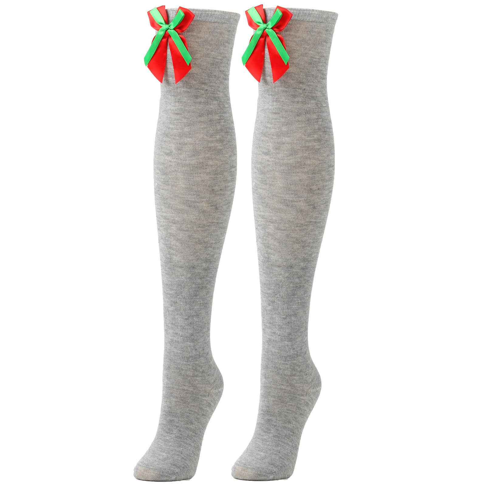 Calzini natalizi unisex con fiocco, calzini a palla, sopra il ginocchio, calzini lunghi da donna, calzini natalizi a righe_voghion.com