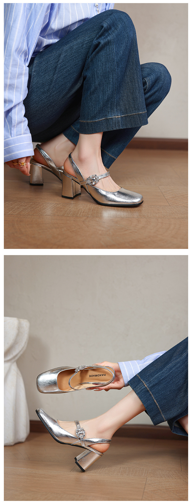Giày sandal cao gót nữ quai ngang mũi tròn bít, gót 7 cm, phong cách Mary Jane — màu đen, Rượu vang đỏ, màu mơ, bạc chi tiết 18