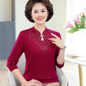 中老年女裝針織毛衣純色顯氣質T恤寬松旗袍領2023秋冬新款媽媽裝圖片