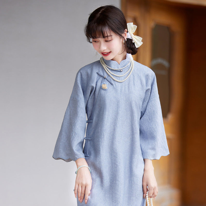 Blue petal collar seven-point sleeve girl retro style improved version cheongsam skirt young inverted big sleeve...
