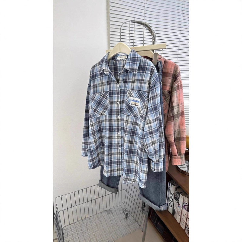 Couple Style Versatile Long-Sleeved Plaid Normcore Shirt Sleeve Shirt Summer Niche Retro Top Fresh and Sweet Couple Style Versatile Long-Sleeved Plaid Normcore Shirt Sleeve Shirt Summer Niche Retro Top Fresh and Sweet