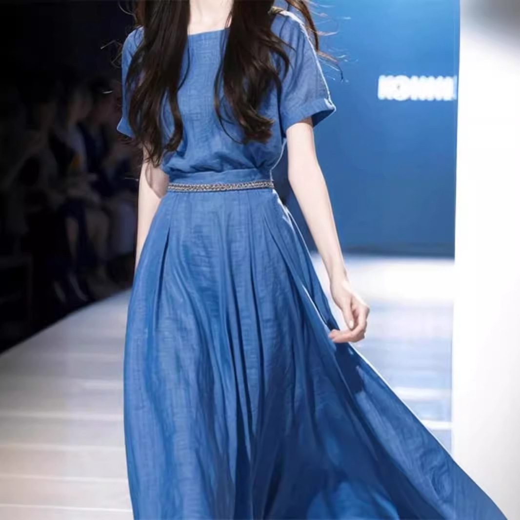 Đầm maxi nữ thắt eo màu xanh thanh lịch mùa hè — Màu xanh lam