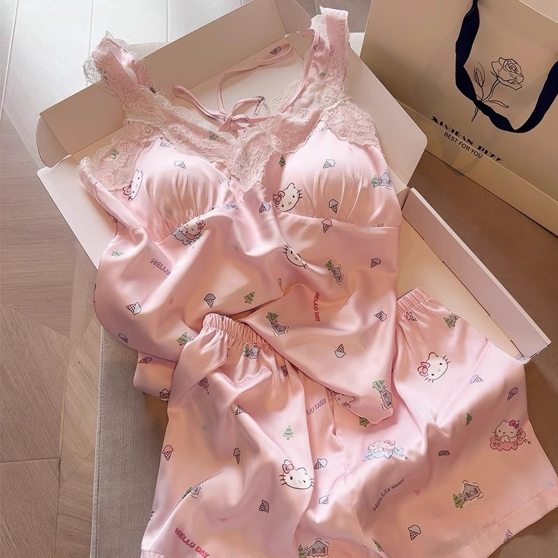可爱卡通冰丝夏季新品吊带睡衣女带胸垫少女性感纯欲感甜美家居服