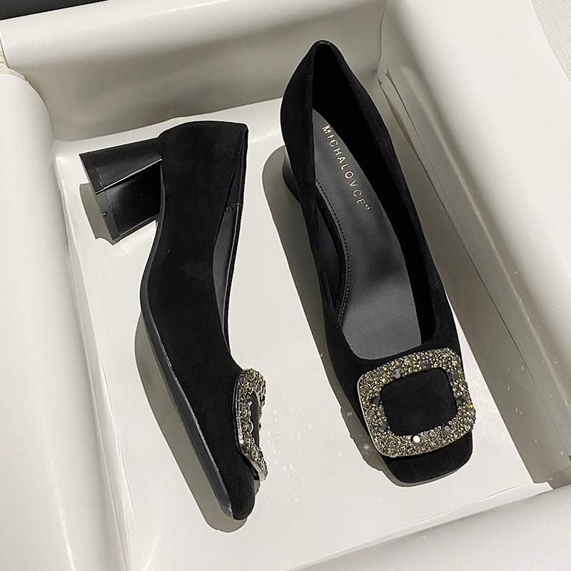 2026 Autumn and Winter New Black Suede Commuter High-Heeled Shoes for Women, Square Toe, Chunky Heel, Shallow Mouth, Rhinestone Professional Single Shoes for Women