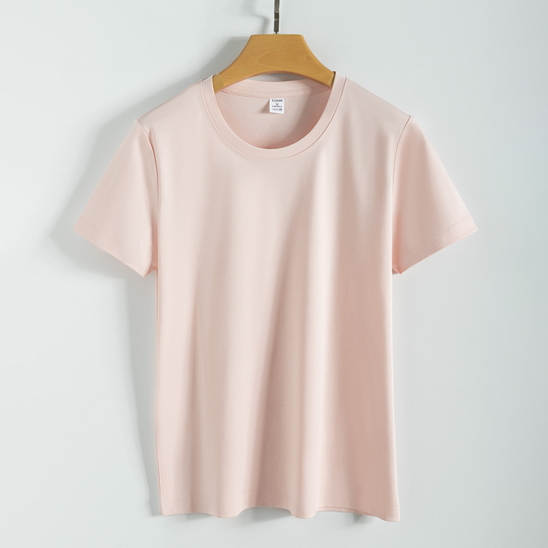 高品質80本両面シルク綿tシャツ女性夏ゆるい丸首v襟純綿純色新疆綿半袖tシャツ|undefined