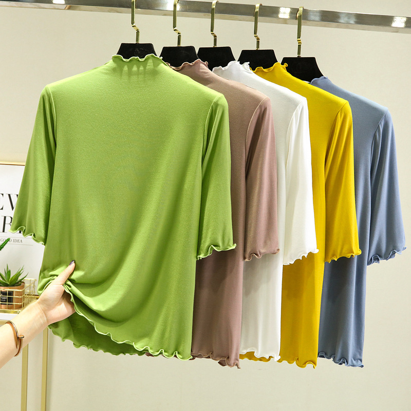 Modal half turtleneck half sleeve bottoming shirt sweet lace half sleeve T-shirt summer thin women's top