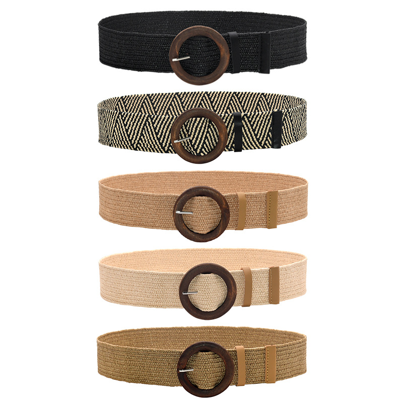 Beach straw woven elastic waist belt