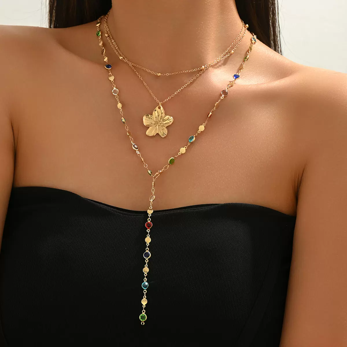 欧美跨境女士项链个性几何多层设计镶嵌七彩宝石设计锁骨链项饰女