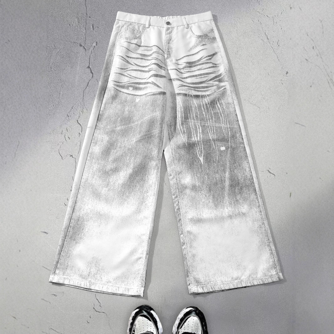 Manufacturer Custom-Made Cross-Border European and American Amazon Printed White Jeans for Men, Trendy Niche Straight-Leg Pants 2812