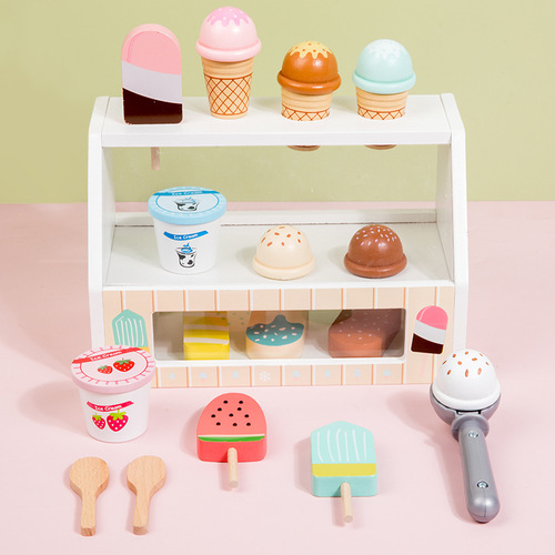 Wooden simulation play house ice cream and ice cream shop selling kitchen cutlery canteen cashier parent-child toys