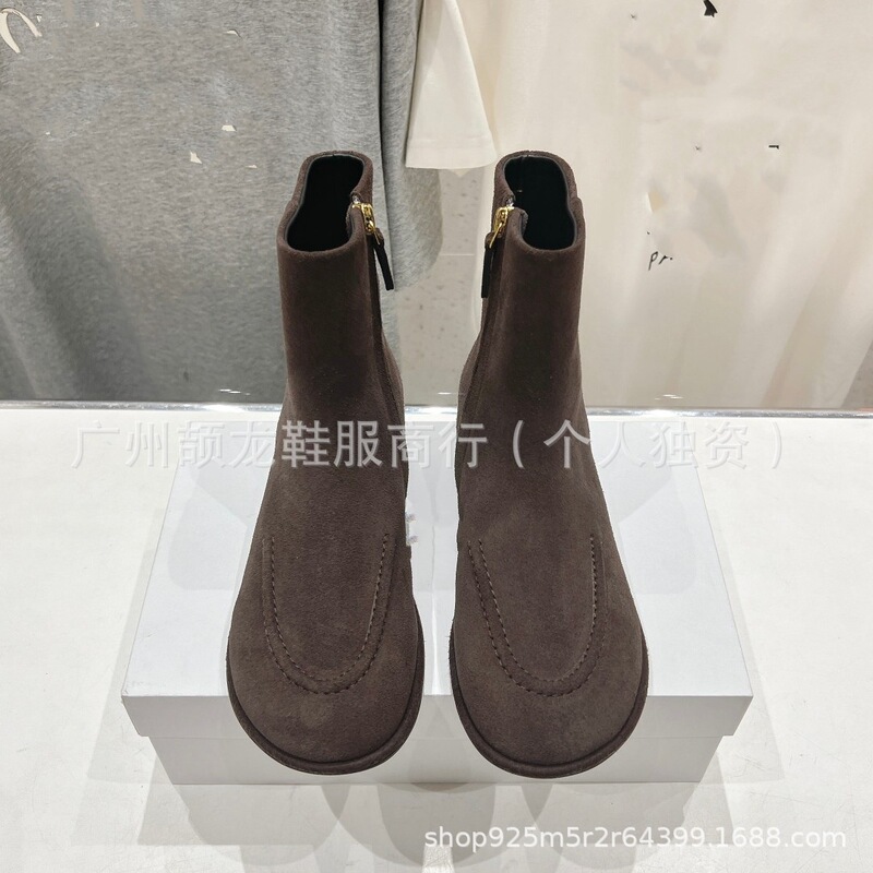 高端小众2025秋冬真皮圆头复古简约平底侧拉链显瘦短靴单靴裸靴女|undefined